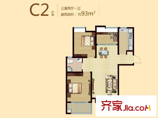海信慧園戶型圖二期C2戶型 3室2廳1衛(wèi)1廚
