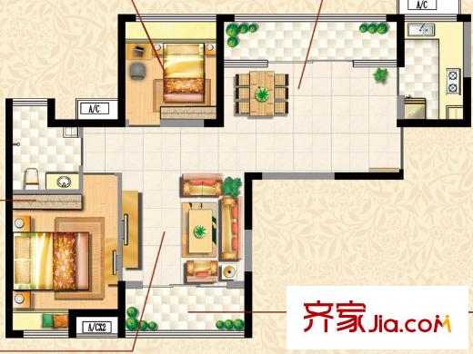 保利花園戶型圖三期A6戶型 2室2廳1衛(wèi)1廚