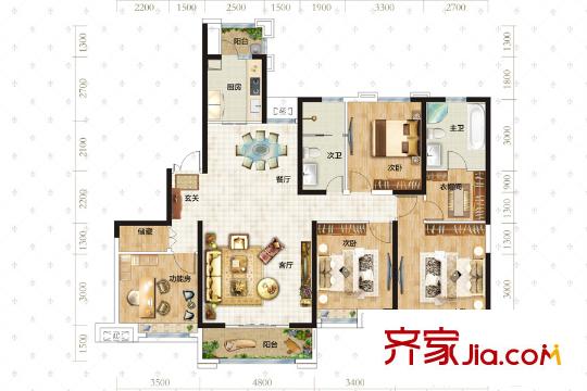 拉菲公館4號(hào)樓H戶型 3室2廳2衛(wèi)1廚