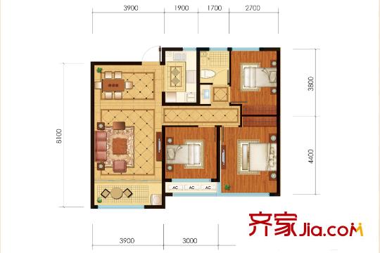 高新綠城玉平方米花園1#、2#、6#、8#樓I戶型 3室2廳1衛(wèi)1廚