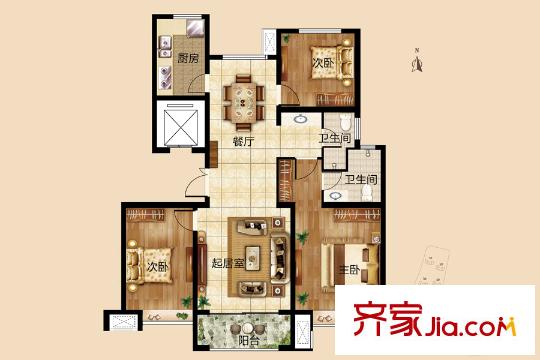 海爾?瀾山公館6、7#樓H戶型 3室2廳2衛(wèi)1廚