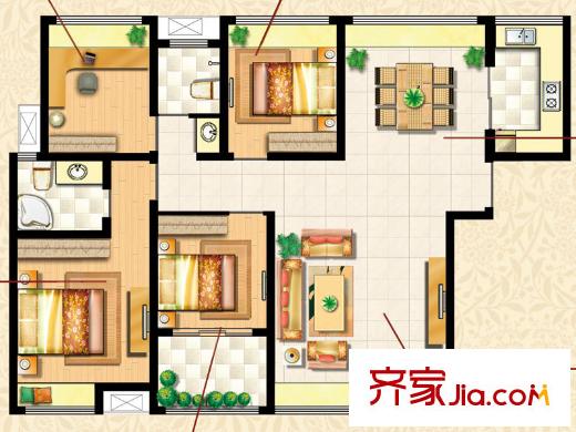 保利花園戶型圖三期C1戶型 4室2廳2衛(wèi)1廚