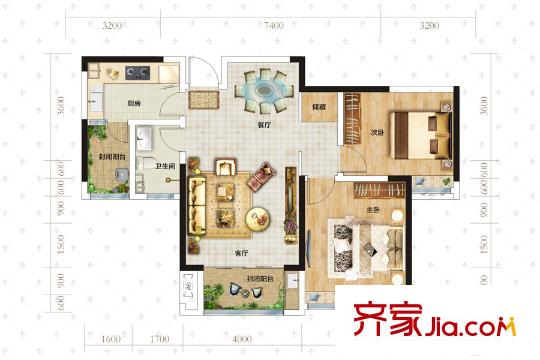 拉菲公館6號(hào)樓K戶型 2室2廳2衛(wèi)1廚