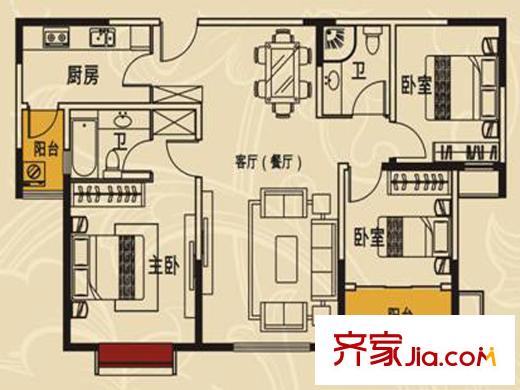澄波湖壹號標準層05戶型圖 3室2廳2衛(wèi)1廚