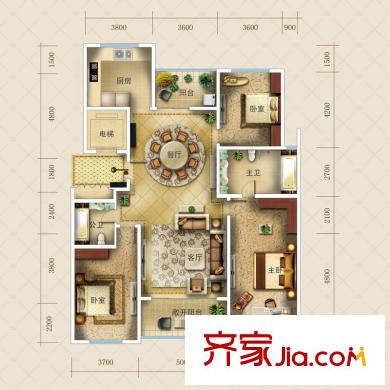 九英里顥苑1#3#樓高層標(biāo)準(zhǔn)層B戶型 3室2廳2衛(wèi)1廚