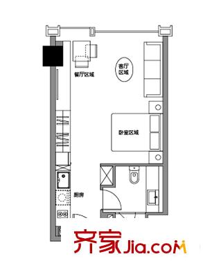 世茂國際廣場A-D棟公寓標(biāo)準(zhǔn)層H戶型 1室1廳1衛(wèi)1廚