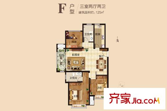 海爾?瀾山公館2、3、4、5#樓F戶型 3室2廳2衛(wèi)1廚