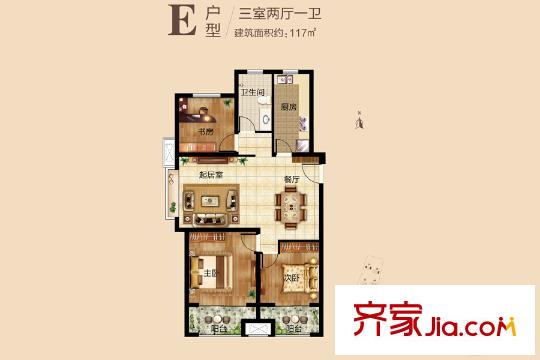 海爾?瀾山公館1、2、6、7、8、10#樓E戶型 3室2廳1衛(wèi)1廚