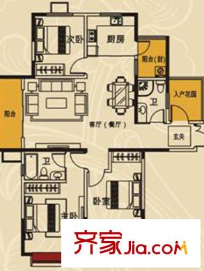 澄波湖壹號標準層01戶型圖 3室2廳2衛(wèi)1廚
