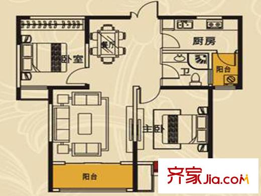 澄波湖壹號標準層03戶型圖 2室2廳1衛(wèi)1廚