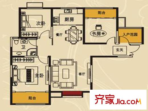 澄波湖壹號標準層04戶型圖 3室2廳1衛(wèi)1廚