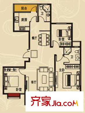 澄波湖壹號標(biāo)準(zhǔn)層07戶型圖 3室2廳2衛(wèi)1廚