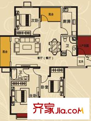 澄波湖壹號標準層02戶型圖 3室2廳2衛(wèi)1廚
