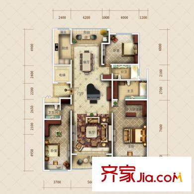九英里顥苑2#樓高層標(biāo)準(zhǔn)層D戶型 3室2廳3衛(wèi)1廚