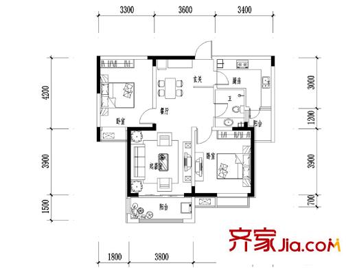 彩虹湖3號樓B戶型 2室2廳1衛(wèi)1廚