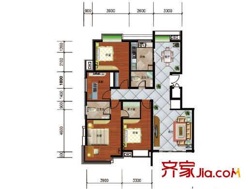 彩虹湖12號樓小高層A戶型 4室2廳2衛(wèi)1廚