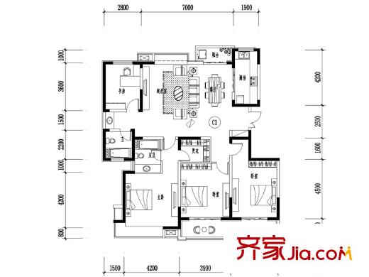 彩虹湖10#樓15-18層170-180平方米C1戶型 4室2廳2衛(wèi)1廚