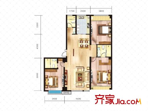 燕山公館2號(hào)樓標(biāo)準(zhǔn)層B戶(hù)型 3室2廳3衛(wèi)1廚