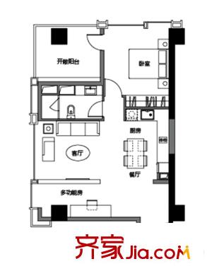 世茂國際廣場A-D棟公寓標(biāo)準(zhǔn)層B戶型 1室2廳1衛(wèi)1廚
