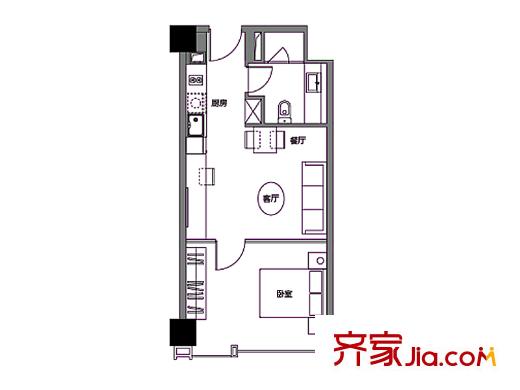 世茂國際廣場A-D棟公寓標(biāo)準(zhǔn)層G戶型 1室1廳1衛(wèi)1廚