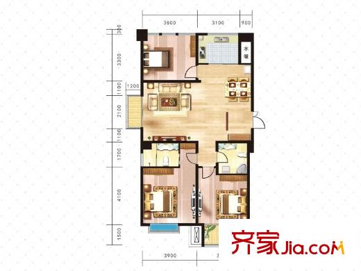 燕山公館2號(hào)樓標(biāo)準(zhǔn)層A戶(hù)型 3室2廳2衛(wèi)1廚