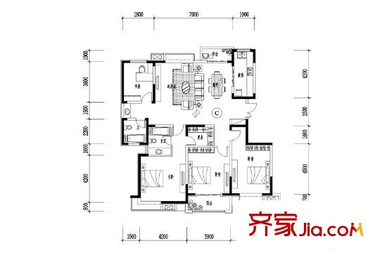 彩虹湖10號樓3至14層C戶型 4室2廳2衛(wèi)1廚