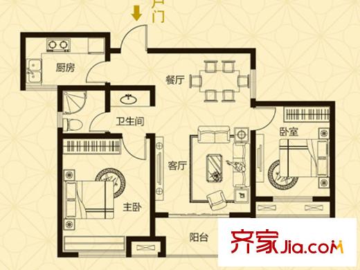 祥生?中央華府B1戶型 2室2廳1衛(wèi)1廚