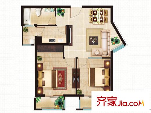 丁豪廣場二期EK座公寓標(biāo)準(zhǔn)層01戶型 2室2廳1衛(wèi)1廚