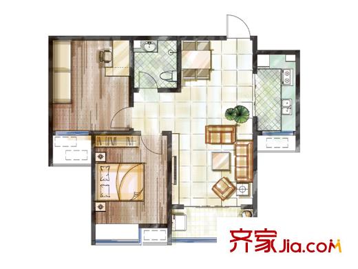 水晶東座1#樓B戶型 2室2廳1衛(wèi)1廚