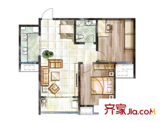 水晶東座1#樓B1戶型 2室2廳1衛(wèi)1廚