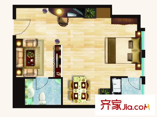 和信SOHO1#樓標(biāo)準(zhǔn)層2戶型 1室1廳1衛(wèi)1廚