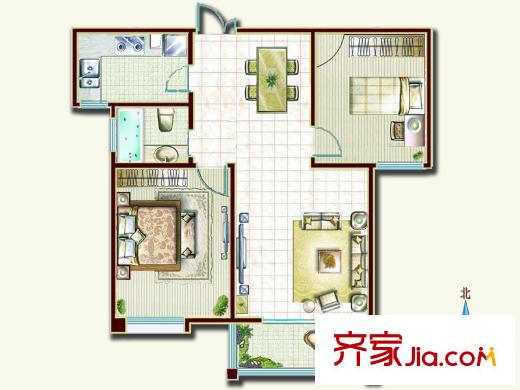東方天澍花園B戶型圖 2室2廳1衛(wèi)1廚