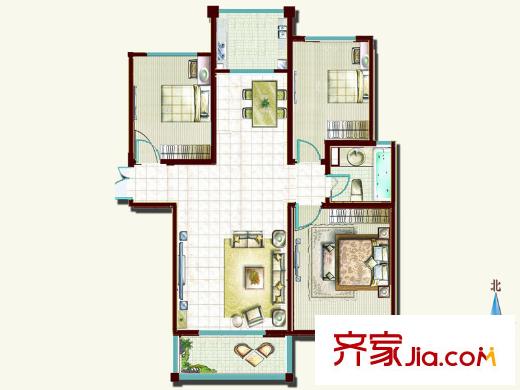 東方天澍花園C戶型圖 3室2廳1衛(wèi)1廚