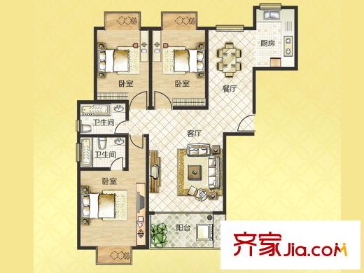 永大頤和園三期2號(hào)樓A戶型 3室2廳2衛(wèi)1廚