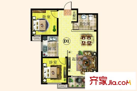 安泰誠(chéng)品2號(hào)樓標(biāo)準(zhǔn)層D1戶型 2室2廳1衛(wèi)1廚