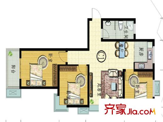 安泰誠(chéng)品1號(hào)樓C1戶型 3室2廳1衛(wèi)1廚