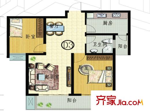 安泰誠(chéng)品3號(hào)樓標(biāo)準(zhǔn)層D3戶型 2室2廳1衛(wèi)1廚
