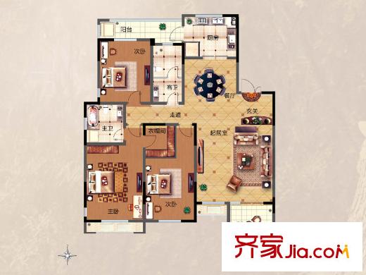 三箭匯福山莊?攬山26號樓復式戶型圖（二層平面） 3室2廳2衛(wèi)1廚