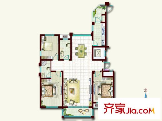 東方天澍花園D戶型圖 3室2廳2衛(wèi)1廚