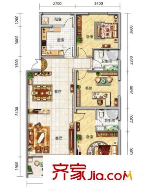 實力粼湖居二期15#樓標(biāo)準(zhǔn)層B戶型 3室2廳2衛(wèi)1廚