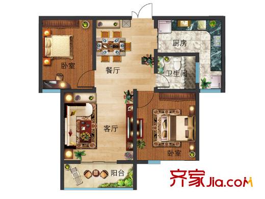 實力粼湖居11#樓A1戶型 2室2廳1衛(wèi)1廚