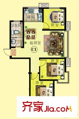 安泰誠(chéng)品4號(hào)樓標(biāo)準(zhǔn)層C1戶型 3室2廳1衛(wèi)1廚