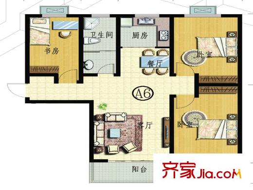 安泰誠(chéng)品3號(hào)樓標(biāo)準(zhǔn)層A6戶型 3室2廳1衛(wèi)1廚