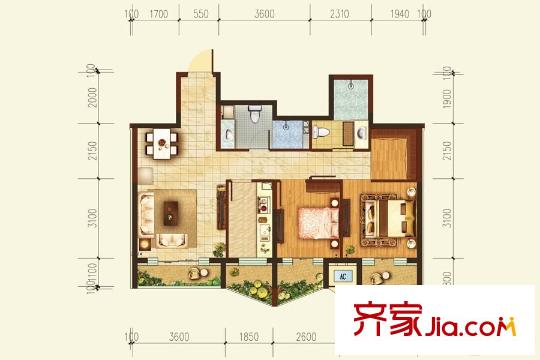 陽光100國際新城K1號樓B2-1戶型 2室2廳2衛(wèi)1廚