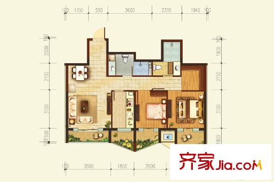 陽光100國際新城K7號樓B2-1戶型 2室2廳1衛(wèi)1廚