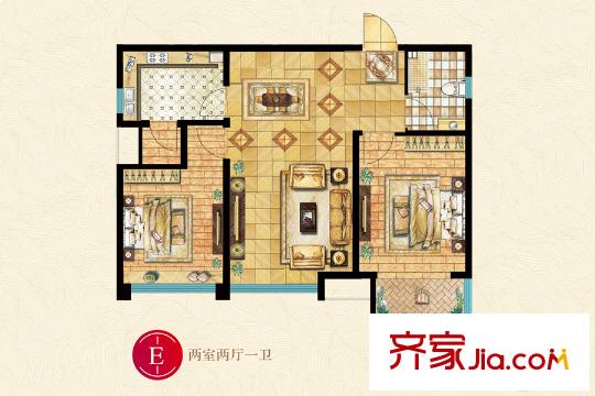 帝華鴻府9#樓E戶型 2室2廳1衛(wèi)1廚