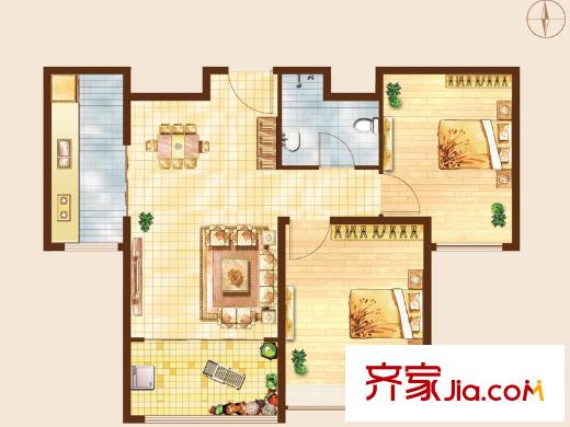 知山雅筑2#樓標(biāo)準(zhǔn)層B1'戶型 2室2廳1衛(wèi)2廚