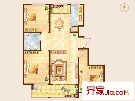 知山雅筑7#樓標(biāo)準(zhǔn)層B5戶型 3室2廳2衛(wèi)1廚