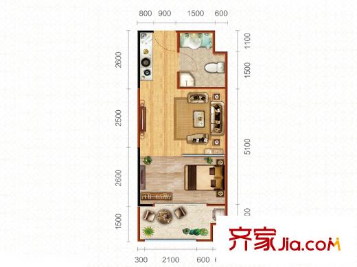 恒生望山4號樓公寓A戶型 1室1廳1衛(wèi)1廚