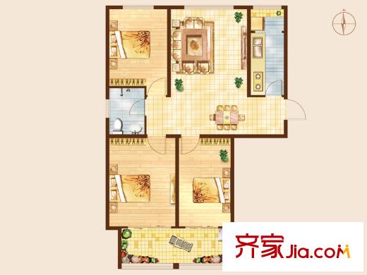 知山雅筑1號(hào)樓標(biāo)準(zhǔn)層A4戶型 3室2廳1衛(wèi)1廚